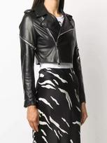 Womens Leather Jacket Cropped Biker Motorcycle Genuine Lambskin Black Handmade XS juoda