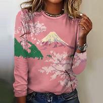 Harajuku Fashion Women's T-shirts Mount Fuji Print Long Sleeves Tees Casual Street Women Clothing Sweatshirts O-neck Loose Tops S brown