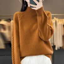 Mock Neck Cable Knit Sweater, Elegant Long Sleeve Sweater for Fall & Winter, Women's Clothing L raudona