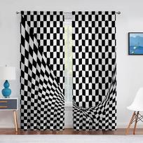 Geometric Black White Checkered Semi-blackout Curtain for Living Room Bedroom Kitchen Decor Race Car Flag Window Curtains 2pcs Milled cotton fabric&Grommet Top