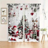 Kalėdinės užuolaidos 3D Santa Elnio atspaudas Baltos miegamojo panelės Šventinis dekoras 2 panelės Kalėdinės šventinės langų užuolaidos 50W130H(CM)X2PCS&Grommet Top