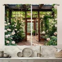 2pcs Soft and Elegant Watercolor Flower Semi-Blackout KitchenCurtain-Enhance Your Home Décor W50 X H130(CM)X2&Hook