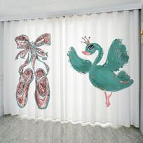 Cartoon Ballet Cute Unicorn Swan Pink Princess Girl Window Curtains for Kids Bedroom Living Room Kitchen Door Home Decor 2Pieces W50 X H130(CM)X2&Hook