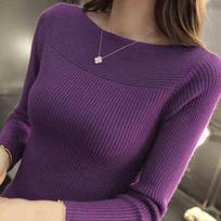 One-line Collar Knitted Sweater Bottoming Shirt Women's Slim Fit Fashion Top Tight Knit Sweater One size violetinė