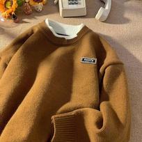 Couple's knitted sweater men's casual fake two-piece lazy style autumn and winter loose trendy round neck sweater bottoming shirt M