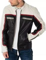Stylish BLACK & WHITE Handmade Jacket Elegant Men's Genuine Lambskin Leather S balta/juoda