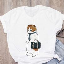 Summer Plus Print Lazy Cat Cartoon Loose Half Sleeved Base Shirt Round Neck Pure Cotton T-Shirts Women’s S