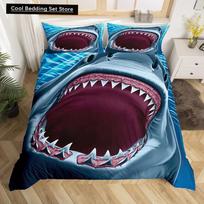 Cartoon Shark King Queen Duvet Cover Blue Ocean Animal Theme Bedding Set for Kids Boys Girls Sealife 2/3pcs Soft Comforter Cover EU single(135x200cm)