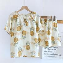 Fresh Tulips  Double Gauze Wrinkly Cotton Shorts Pajama Sets Women Summer Short Sleeves Pyjamas Sleepwear M beige