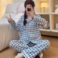 Simple Plaid Blue Striped Flower Print Winter Sleeping Pajamas Casual Outside Woman Pajamas Lapel Neck Button Nightwear M
