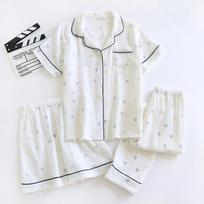 New Summer Women's Pajama Set 100% Cotton Crepe Short Sleeves+Shorts+Pants Three Piece Casual Ladies Homewear Sleepwear M