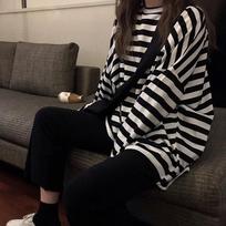 Autumn Wear New Harajuku Style Ins Tide Black and White Stripes Early Autumn Loose Long-sleeved T-shirt Female Student Top M