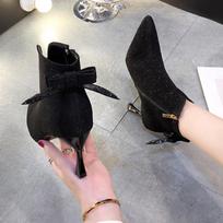 Bow Beige Short Botas Women's Stiletto Pointed Toe High-heeled 7CM Ankle Boots All-match Elastic Nude Shoes  Spring/Autumn 34 juoda