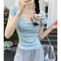 Ballet Style Pure Desire Gentle Lace T-shirt Women's Summer New Retro Short-sleeved Cotton Bottoming Shirt Top S