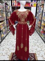 Red Party Moroccan Dubai Maroon Abaya Wedding Georgette Festive Gown Dress XS raudona