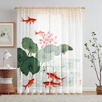 2 Pieces HD Digital Chinese Lotus Feng Shui Fortune Carp Printed Window Screen Home Decorating Style Decorating Living Room Bedr W52H63inchW132H160cm white