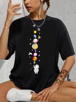Astronaut & Planet Pattern Casual T-Shirt, Round Neck Short Sleeves Stretchy Sports Tee, Women's Activewear M