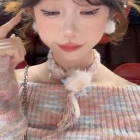 Y2K White Plush Love Necklace Hairball Niche Sweet And Cute Subculture Colored Sweater Chain Neck Chain Accessories beige