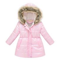 Yousheng Kids Long Coat Winter Warm Parka Outerwear Metallic Shine Jacket with Fur Trim Hood Thickened Ski Coat for Boys Girls 130cm rožinė