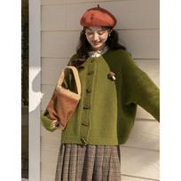 Johnature Japanese Antique Retro Lazy Style Horn Button Soft Glut Women Casual Loose Simple All Match Coats One Size žalia