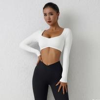 European & American Nude Long-Sleeve Pleated Yoga Fitness Top for Women M (110-125 lbs) balta