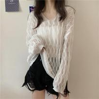 Hooded Sunscreen Sweater with Lazy Style Thin Fit Loose V-neck Hollowed Out Knit Sweater Long Sleeved Summer Sweater S balta
