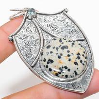 Dalmation Jasper, White Topaz 925 Sterling Silver Jewelry Pendant 2.76  a2D47