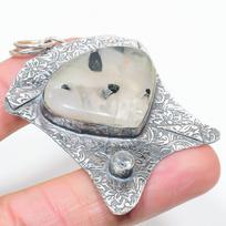 Black Rutile,White Topaz 925 Sterling Silver Jewelry Pendant 2.68  A7y09