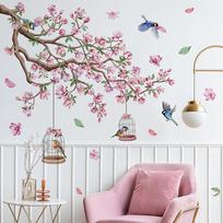 Rožiniai persikų žiedų paukščių sienų lipdukai PVC lipnūs miegamojo svetainės Art Deco lipdukai tapetai DIY namų dekoravimas rožinė