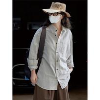 Spring And Summer Fashionable Lazy Linen Striped Shirt Loose Comfortable Breathable Casual Top Women One Size juoda