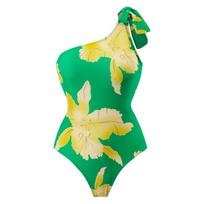 New Sexy One-piece Print Swimsuit Women's Retro One-shoulder Swimsuit Chiffon Beach Skirt Swimsuit Set XL beige