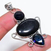 Black Onyx, Blue Topaz Handmade 925 Sterling Silver Jewelry Pendant 2.60  y4G34