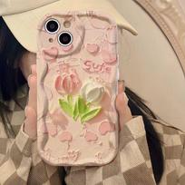 Pink Tulip Phone Case for iPhone 15Promax- Wavy Border Soft Silicone Lens Protectio Shockproof Cute Cover on Apple 15Promax beige