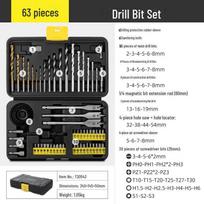 63-Piece Drill Bit Set: Twist, Woodworking, Flat, Center, and Cement Drills