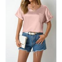 Women's Spring and Summer Solid Color Satin Top Loose Pocket Curled Short Sleeve Casual Blouses & Shirts S