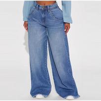 Stretch Waist High-Rise Baggy Jeans for Women - Vintage Raw Hem Denim Trousers, Flattering Curvy Fit & Casual Fashion S ežero mėlyna spalva