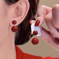Elegant Red Faux Pearl Earrings for Women - Glossy spherical design with gold pillars, casual accessories, glossy finishes, faux pearl earrings