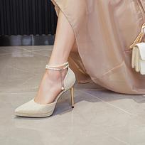 Sexy Pumps Women Pearl Chain Hollow Pointed Toe Stiletto High Heeled Sandals Party Dress Shoes 35