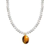 Temperament Oval Tiger Eye Stone Pearl Necklace for Women with High Grade Light Luxury Necklace Chain