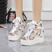Summer Roman Sandals Women's High-heeled Floral Lace-up Sponge Cake Wedge-heeled Fish Mouth Women's Shoes Back Zipper Thick Sole 42 balta
