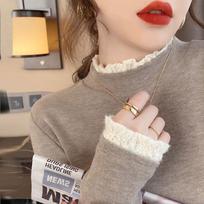 Lace Half Turtleneck German Velvet Base Shirt for Women's Fashionable Inner Wear Spring, Autumn and Winter New Style Furry Long-sleeved T-shirt Top S