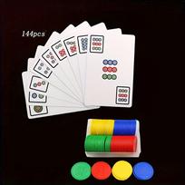 144 Mahjong Tiles and 50 Props Set with 1 Deck of Cards Portable Outdoor Travel Party Solitaire Game 2pcs