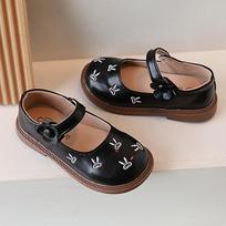 2024 Kids Leather Shoes Hook & Loop Flowers Cute Embroidery Bunny Round-toe Korean Style Children Fashion Loafers Shallow Flat 21 juoda