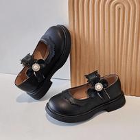 2024 Girls Leather Shoes Lace Bow with Pearls Fashion Kids Casual Shoes Shallow Loafers Cute Princess Loafers Drop Shipping Chic 23 juoda