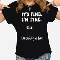 Women's Fashion Printed Cat It's Fine I'm Fine Everything Is Fine Print T-shirts Summer Casual Loose Round Neck M juoda