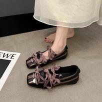 Mixed Color Cross-Tied Ballet Bumps Butterfly Knot Shallow Round Toe Wedge Heel Lace Up Mary Jane Shoes Purple Black Women Shoes 35 juoda