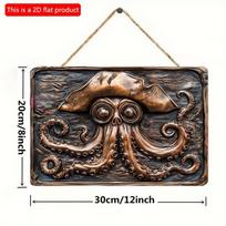2D Flat Wooden Sign 30*20cm Pirate Octopus Wooden Decor Sea Creature with Pirate Hat for Nautical Theme Wooden Sign Wooden Construction 30*20cm