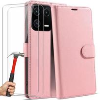 Coque Rabat pour Xiaomi 13, Protection Synthécuir Rose et 2 Verres Trempés