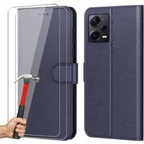 Case Cover For Xiaomi Redmi Note 12 Pro 5G - Elegant Leather Effect - 2 Tempered Glasses Included - Navy Blue