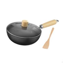 7'' Wok Pan for Gas Cooking Flat Bottom Uncoated Stir Fry Home And Camping With Lid